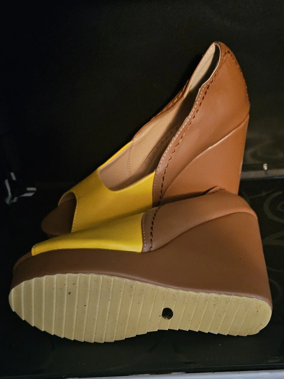 Women’s Yellow and Brown Wedge Peep-Toe Heels